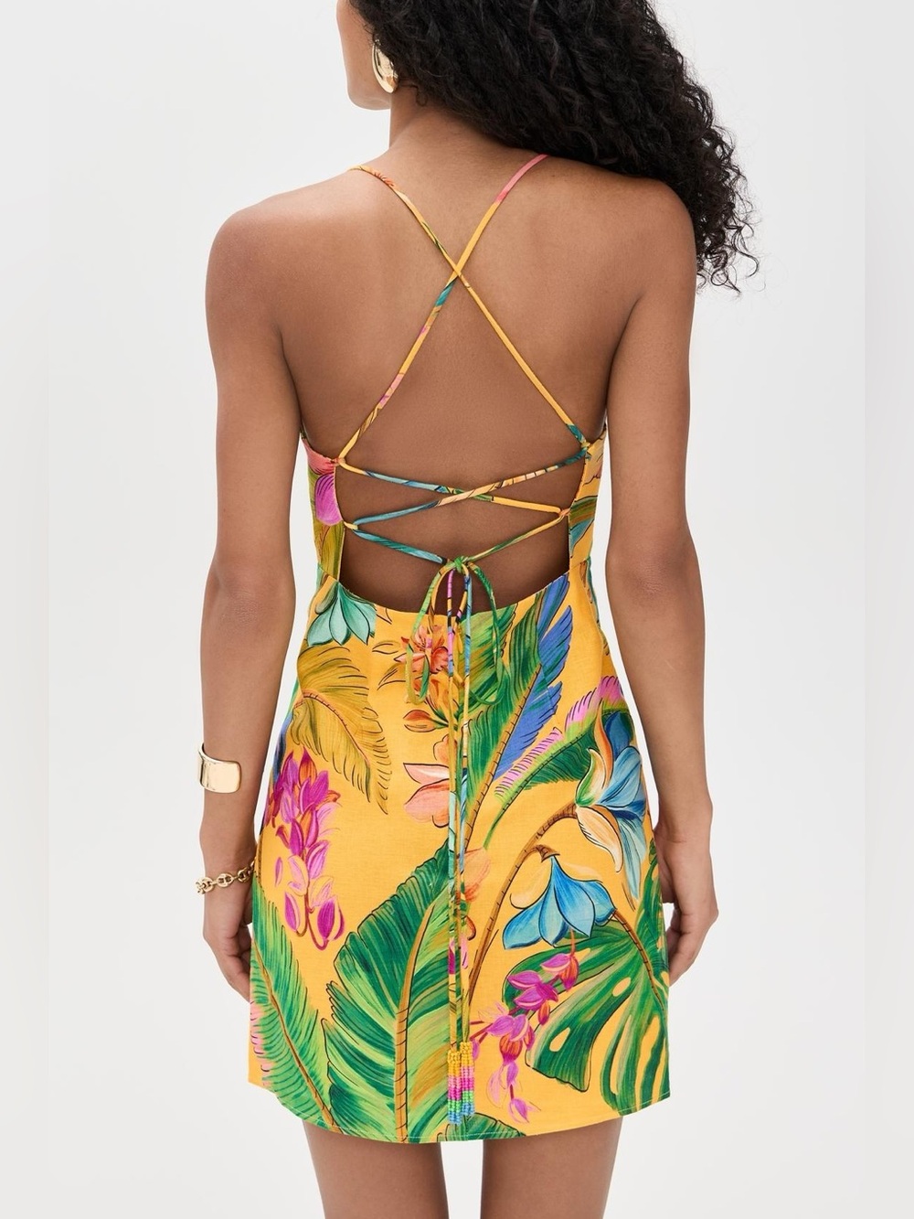 Farm Rio Birds Singing Yellow Mini Dress Large NWT Tropical Parrot 8304 - Picture 2 of 11